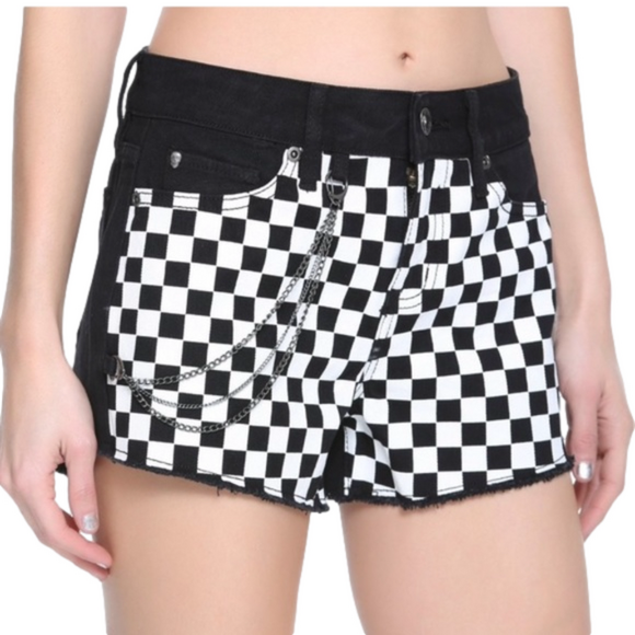 Blackheart Pants - BLACKHEART distressed black denim shorts checkerboard pattern women’s size zero